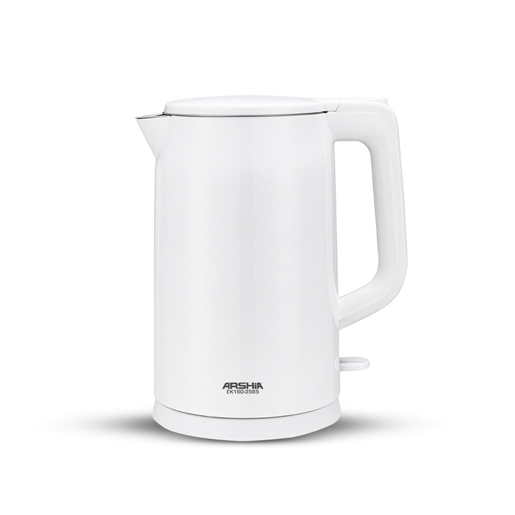 Arshia 1.7L Electric Kettle (White) – Fast Boil, Double-Wall, 360° Base, Auto Shut-Off, Family Size