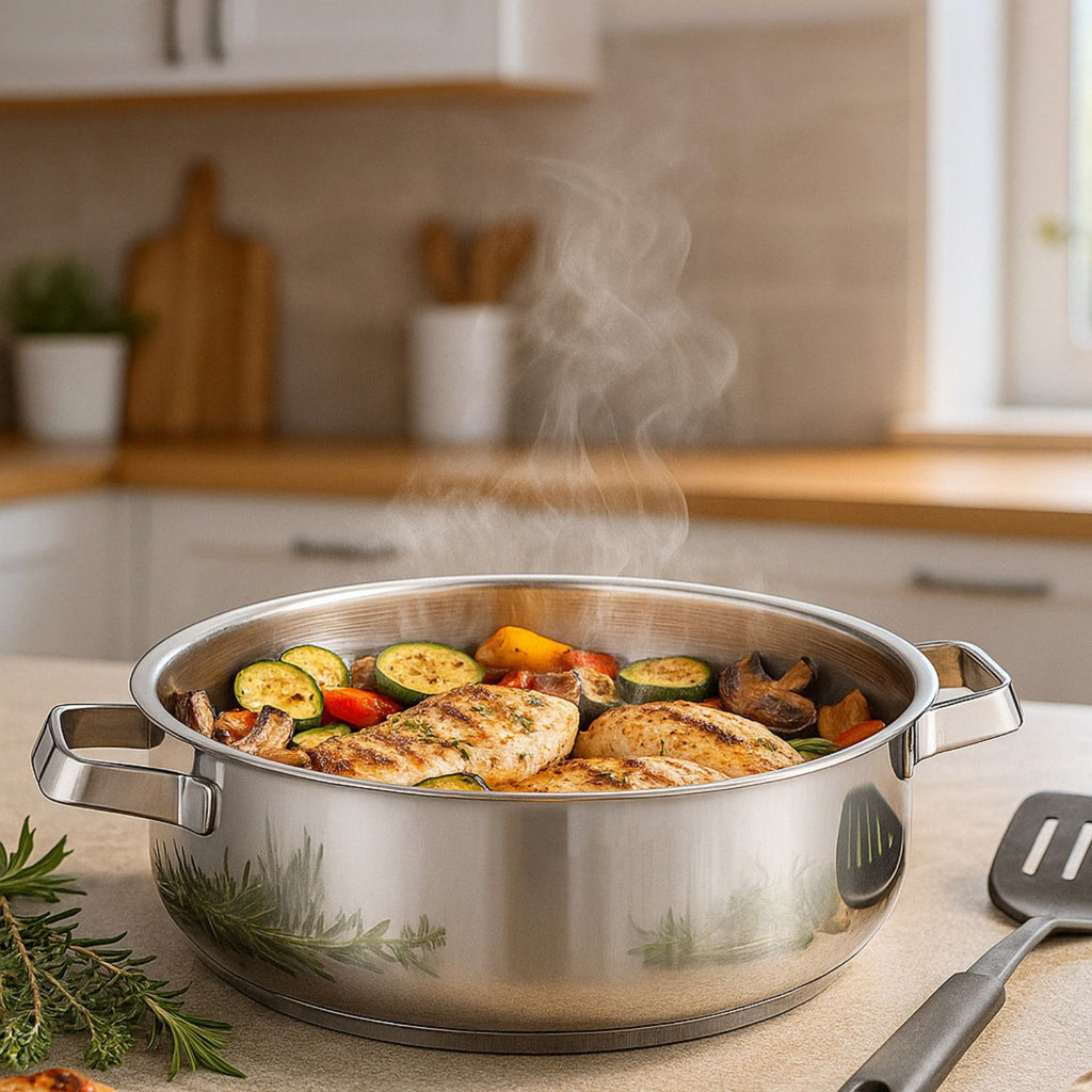 Arshia 26cm Premium Stainless Steel Shallow Pan with Lid – Encapsulated Base, Mirror Finish, Induction Compatible