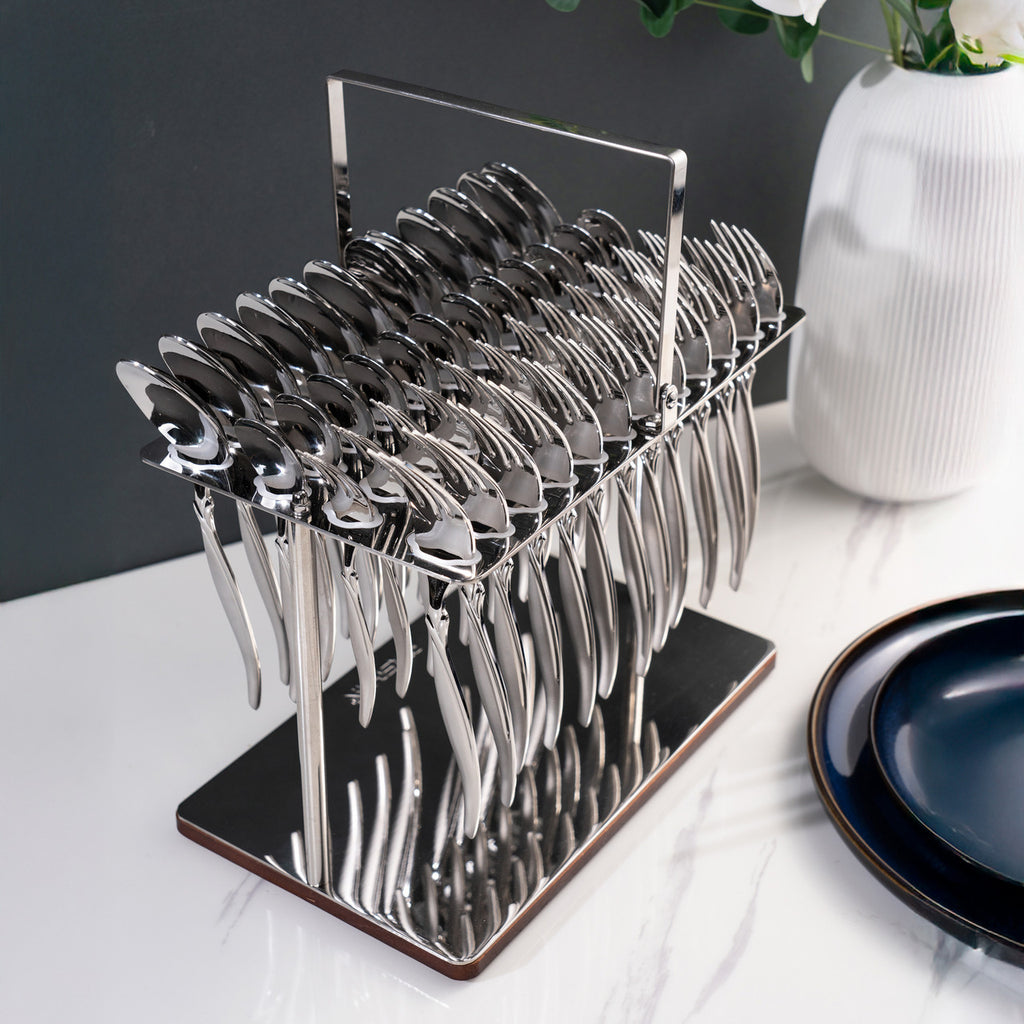 Arshia 48-Piece Premium 18/10 Stainless Steel Silver Cutlery Set with Stand – Luxury Dinner Fork Spoon Knife & Tea Spoon Flatware – Rust Resistant Ergonomic Tableware