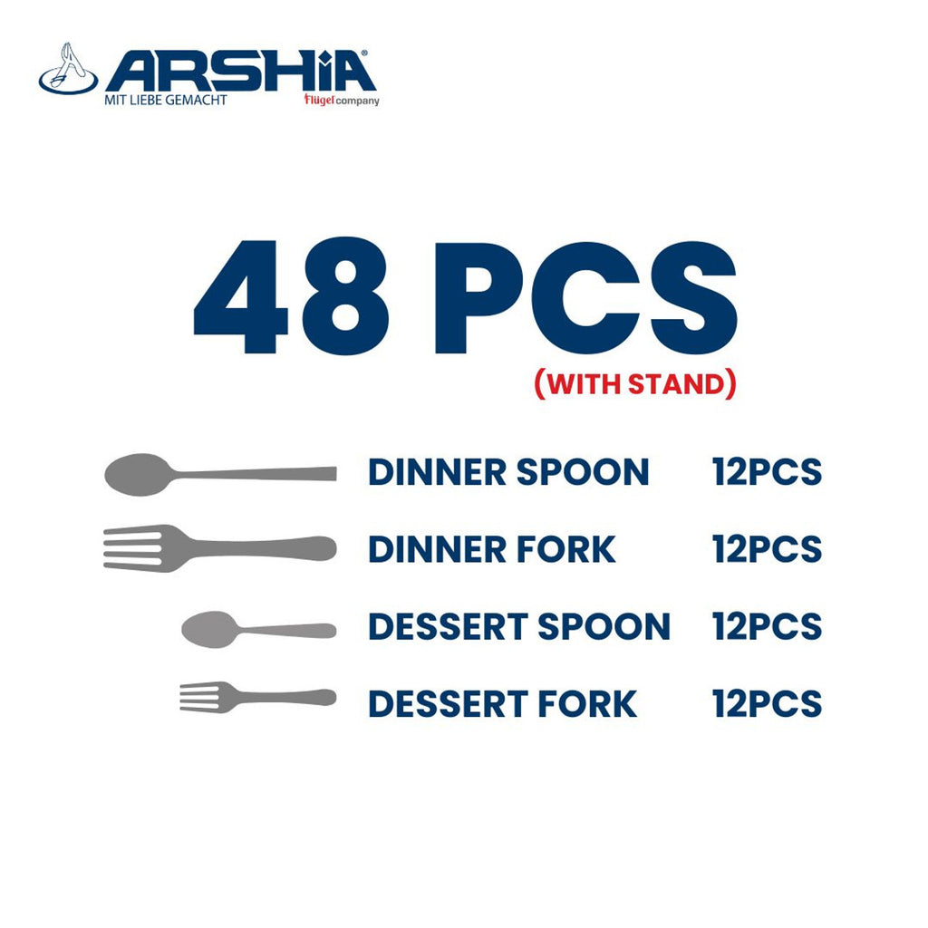 Arshia 48-Piece Premium 18/10 Stainless Steel Silver Cutlery Set with Stand – Luxury Dinner Fork Spoon Knife & Tea Spoon Flatware – Rust Resistant Ergonomic Tableware