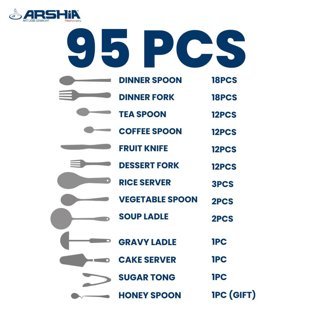 Arshia TM339S Shiny Silver 95-Piece Cutlery Set – Premium 18/10 Stainless Steel with Ergonomic Handles & Shiny Finish