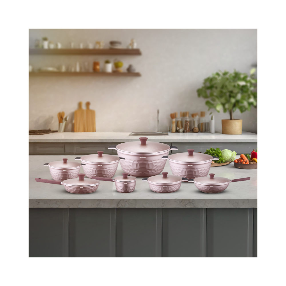 Arshia 16-Piece Pink Diamond Cookware Set – Premium Die-Cast Aluminium with Teflon Select Non-Stick | Stylish, Durable & Heat-Efficient