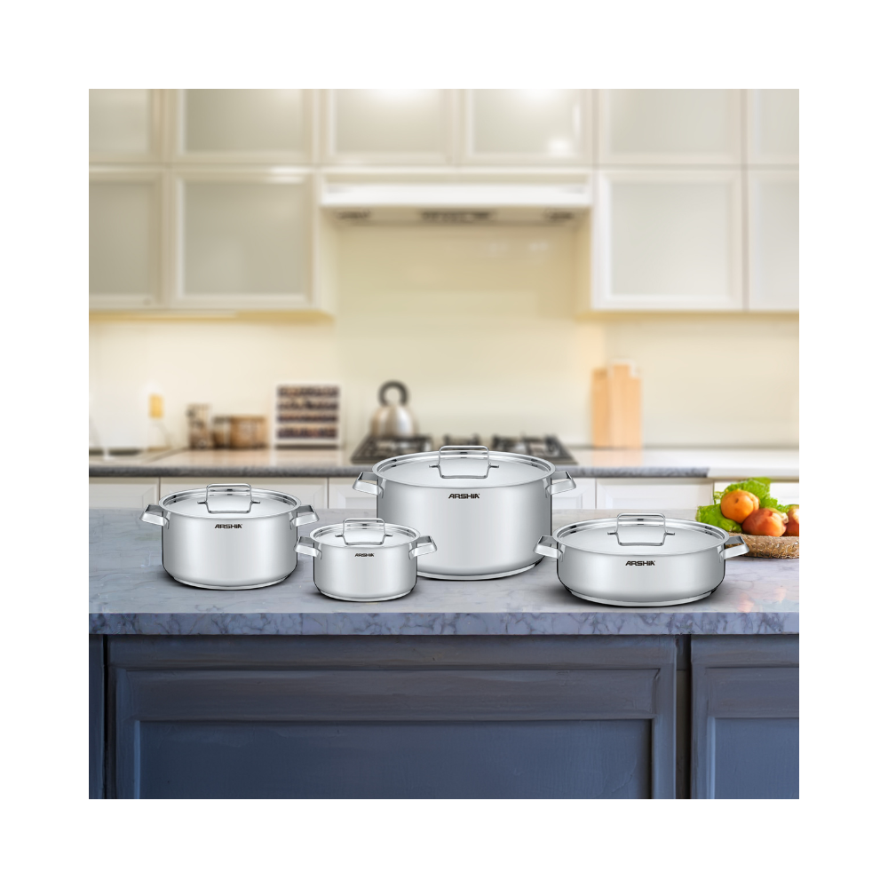 Arshia 8-Piece Stainless Steel Cookware Set – 3-Layer Base, Heat-Resistant Handles, Induction Compatible