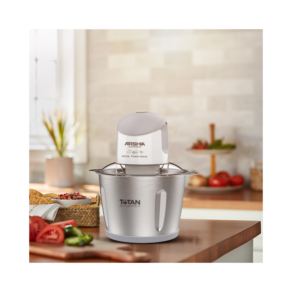 Arshia Electric Chopper 3L (White) – 600W Food Chopper with Two Bowls, Titanium Blades & Safety Switch