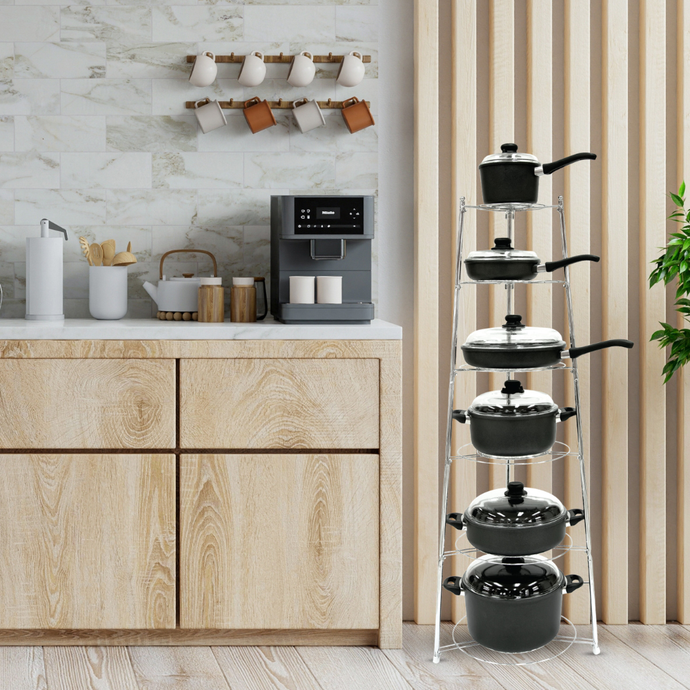ARSHIA 6-Level Chrome Cookware Rack – 1.3m Stainless Steel Stand for Pots & Pans, Easy Install