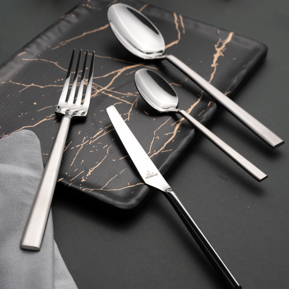Arshia TM339M Silver Matte 95-Piece Cutlery Set – Premium 18/10 Stainless Steel with Ergonomic Handles & Matte Finish