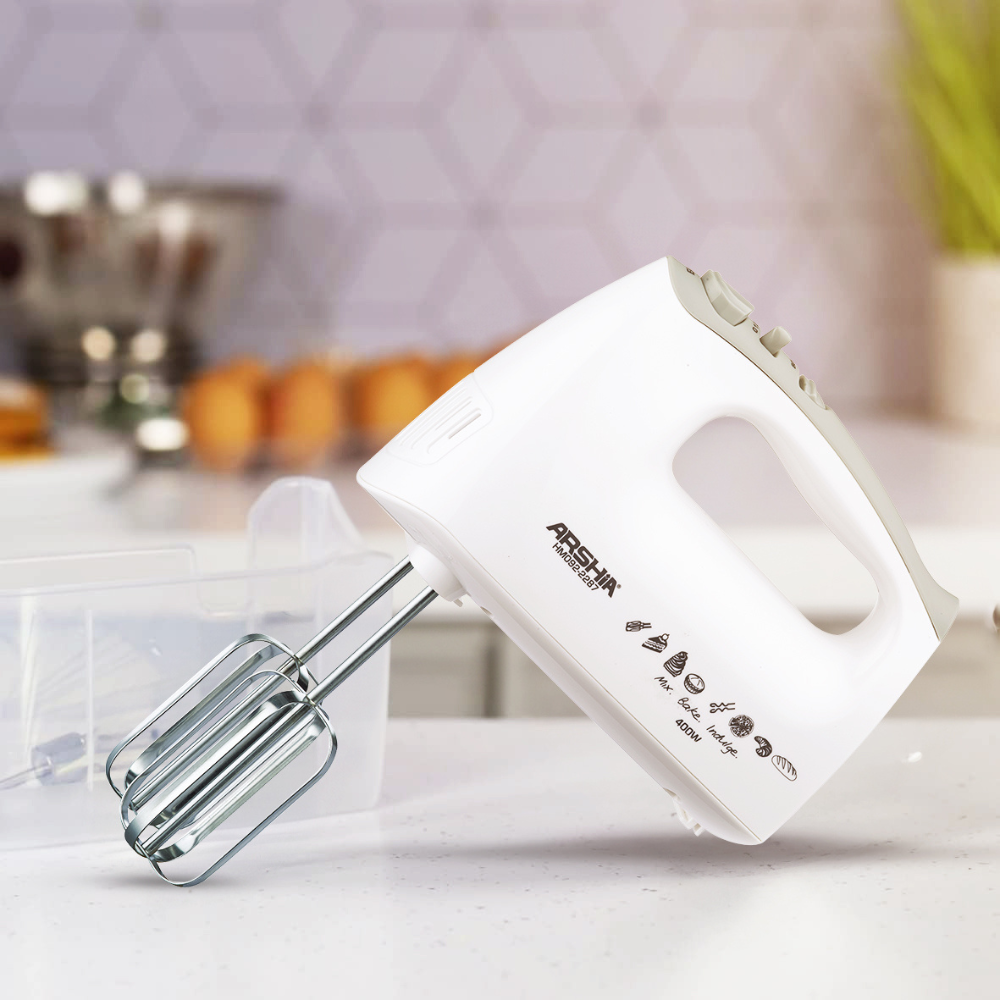 Arshia Hand Mixer – 400W, 5-Speed with Turbo, Stainless Steel Beaters & Dough Hooks, Ergonomic Lightweight Design – White