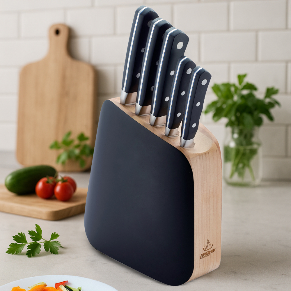 Arshia 6-Piece Knife Set with Wooden Stand – Full Tang Stainless Steel Blades