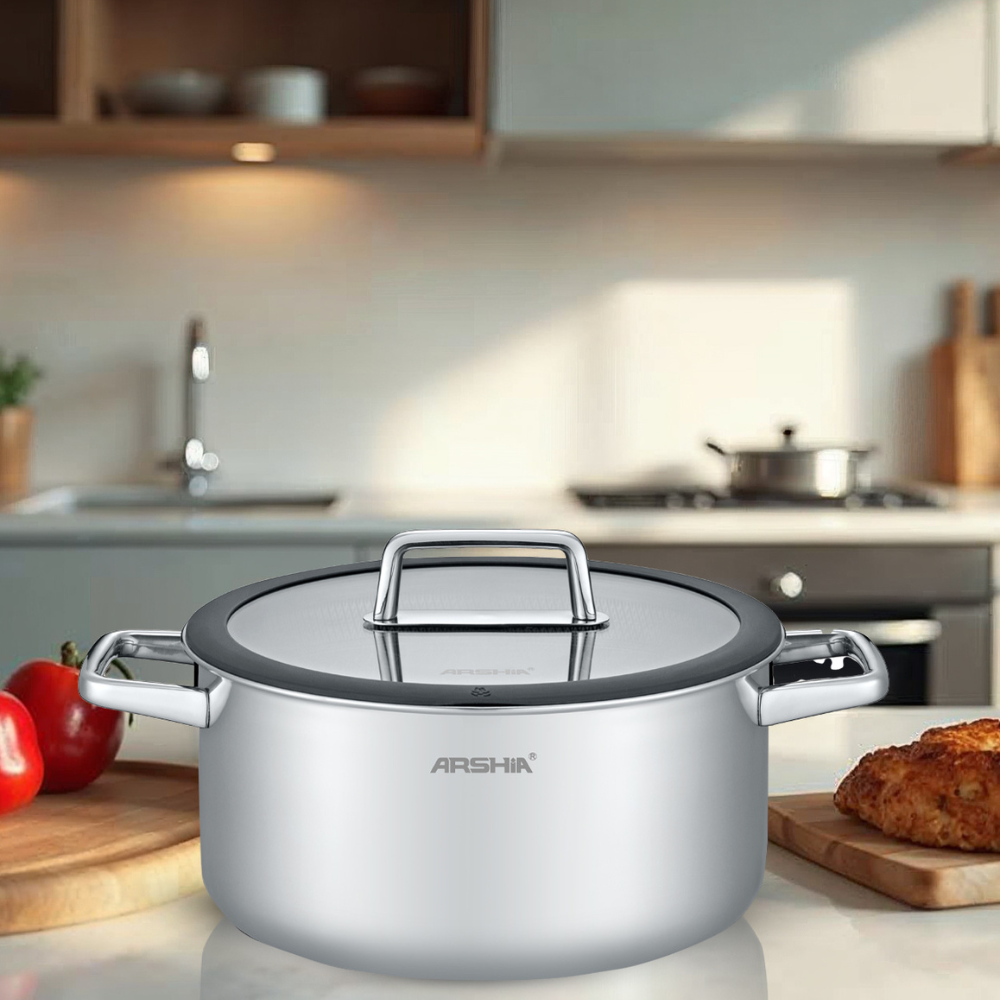 Arshia 18cm Tri-Ply Stainless Steel Casserole – 2.2L Capacity, Nonstick Interior, Induction Compatible