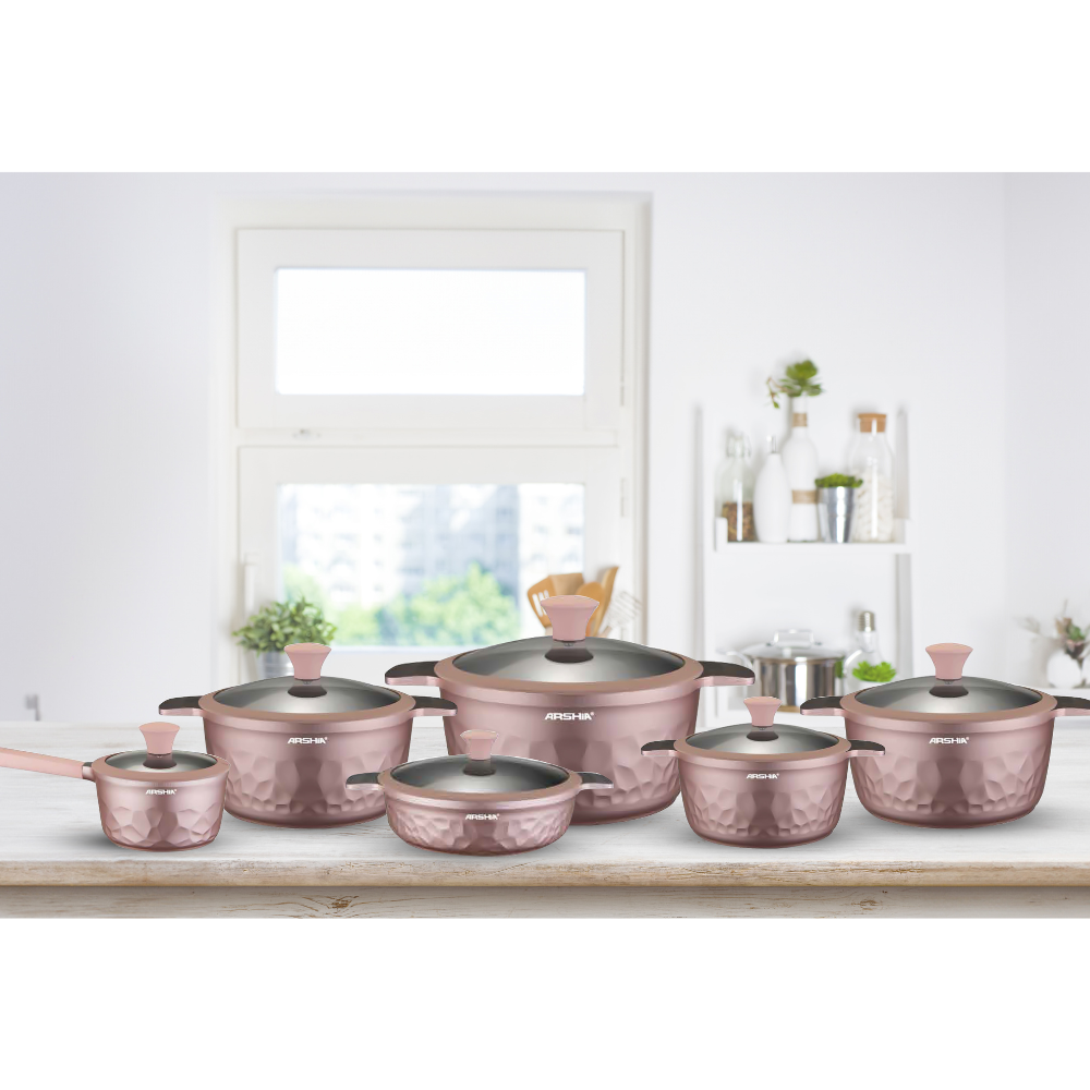 Arshia 12-Piece Pink Diamond Die-Cast Cookware Set – Non-Stick Teflon Coating, Tempered Glass Lids, Model CO110-2969