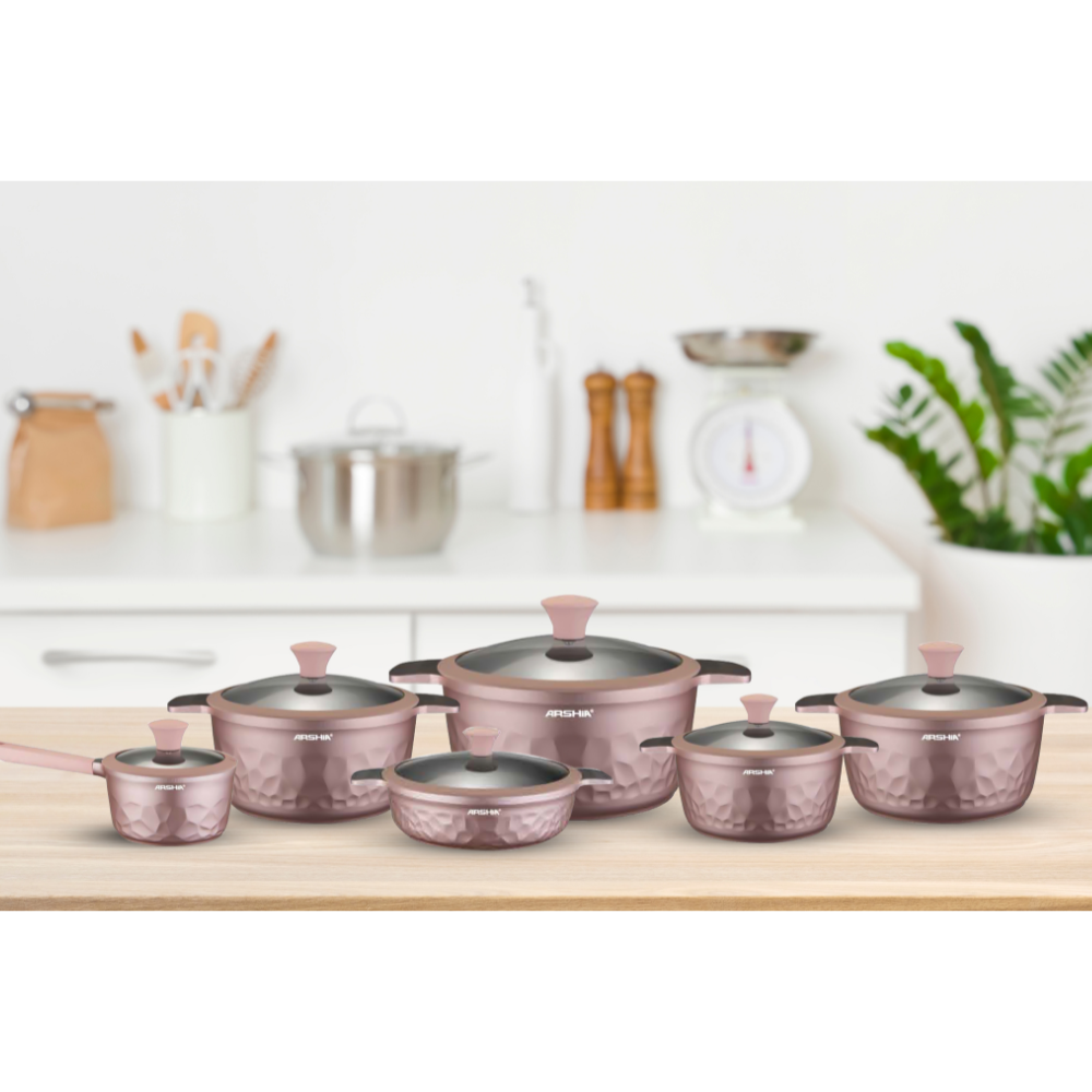 Arshia 12-Piece Pink Diamond Die-Cast Cookware Set – Non-Stick Teflon Coating, Tempered Glass Lids, Model CO110-2969