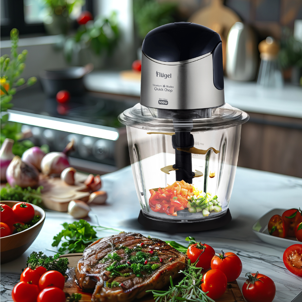 Flügel 1.5L Electric Chopper – 6 Titanium Blades, 500W, Glass Jar, One-Touch Operation