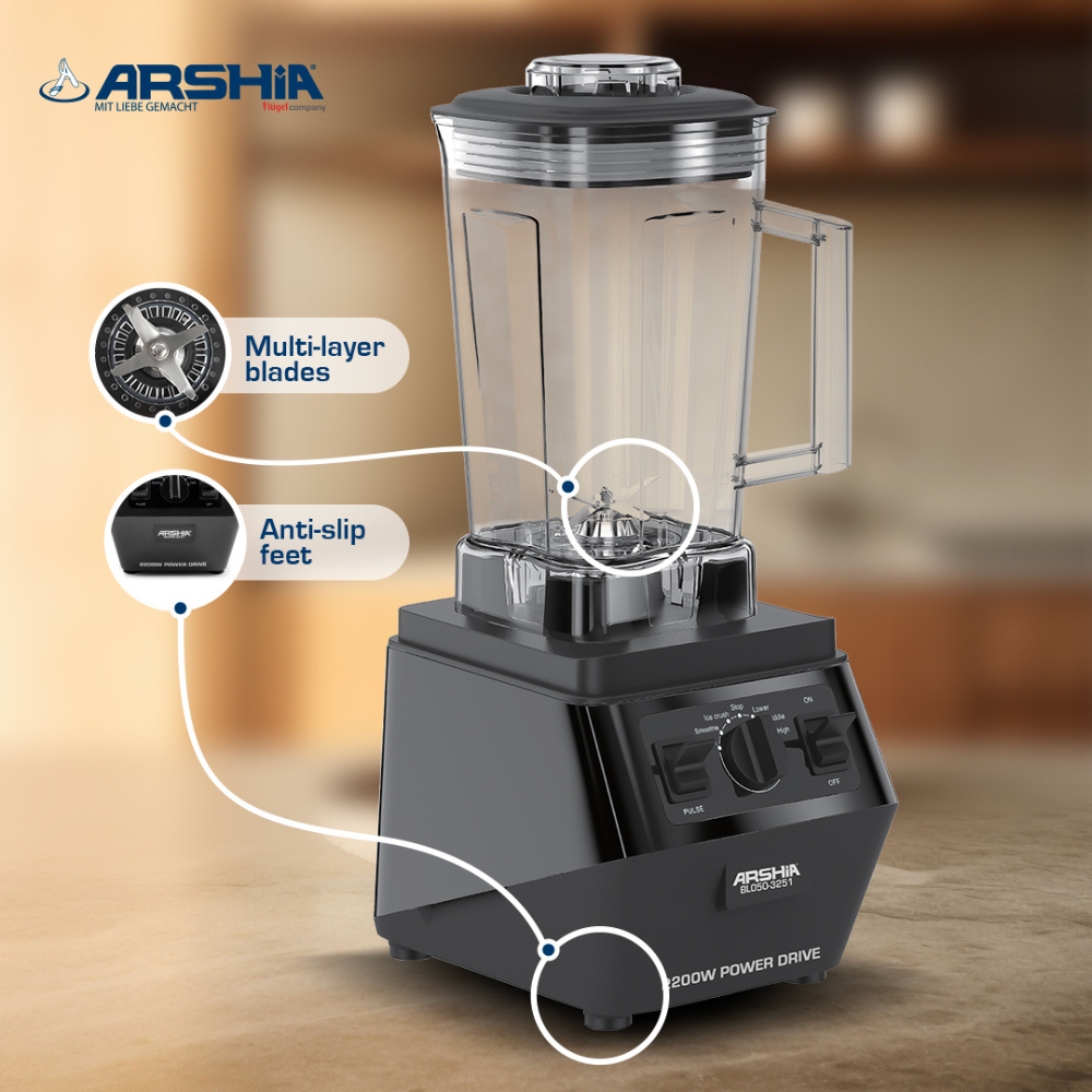 Arshia 2L Professional Blender – 2200W High-Power Motor, Multi-Function Programs, Quiet Operation, Food-Grade Jar, Anti-Slip Base