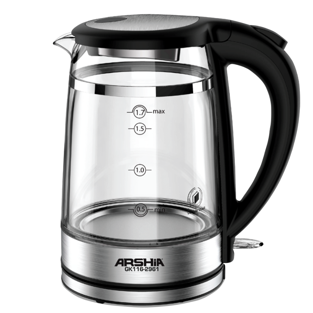 Arshia 1.7L Premium Double-Layer Glass Kettle – 1800W, Fast Boil, Strix Control, Auto Shut-Off, Blue Light, Cord Storage