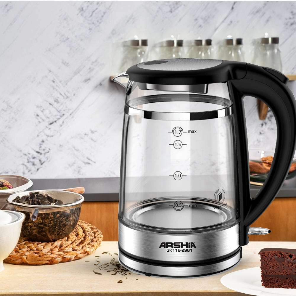 Arshia 1.7L Premium Double-Layer Glass Kettle – 1800W, Fast Boil, Strix Control, Auto Shut-Off, Blue Light, Cord Storage