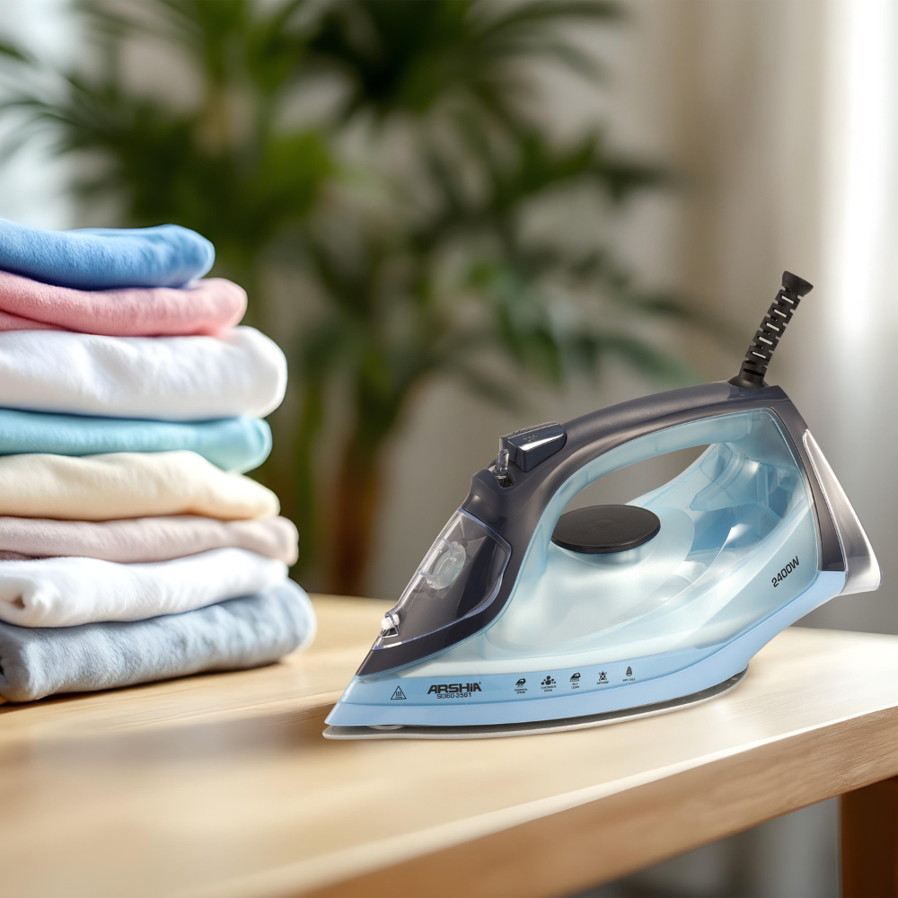 Arshia Steam Iron (Blue) – 2000-2400W Power, 320ml Water Tank, Anti-Drip & Anti-Calc Functions