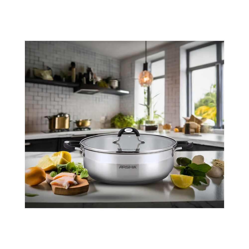 Arshia Stainless Steel Frypan Double Handle  with 2 Lids 32 cm