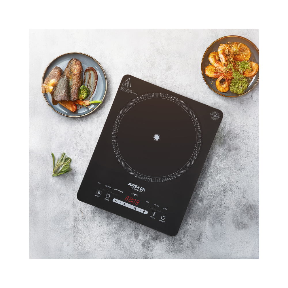 Arshia Induction Hob 2200W – Even Pro Technology, Raised Panel, 7 Multi Functions (Fry, Boil, Deep Fry, Steam, Soup, Boost) – Portable Electric Cooker