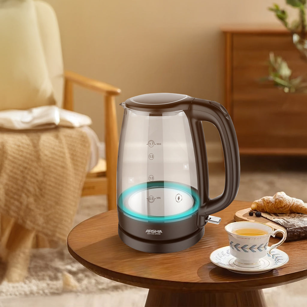Arshia 1.7L Glass Electric Kettle. Features 2200W power, push-button lid, 360° base, neon indicator, and dry boil protection. Stylish and durable