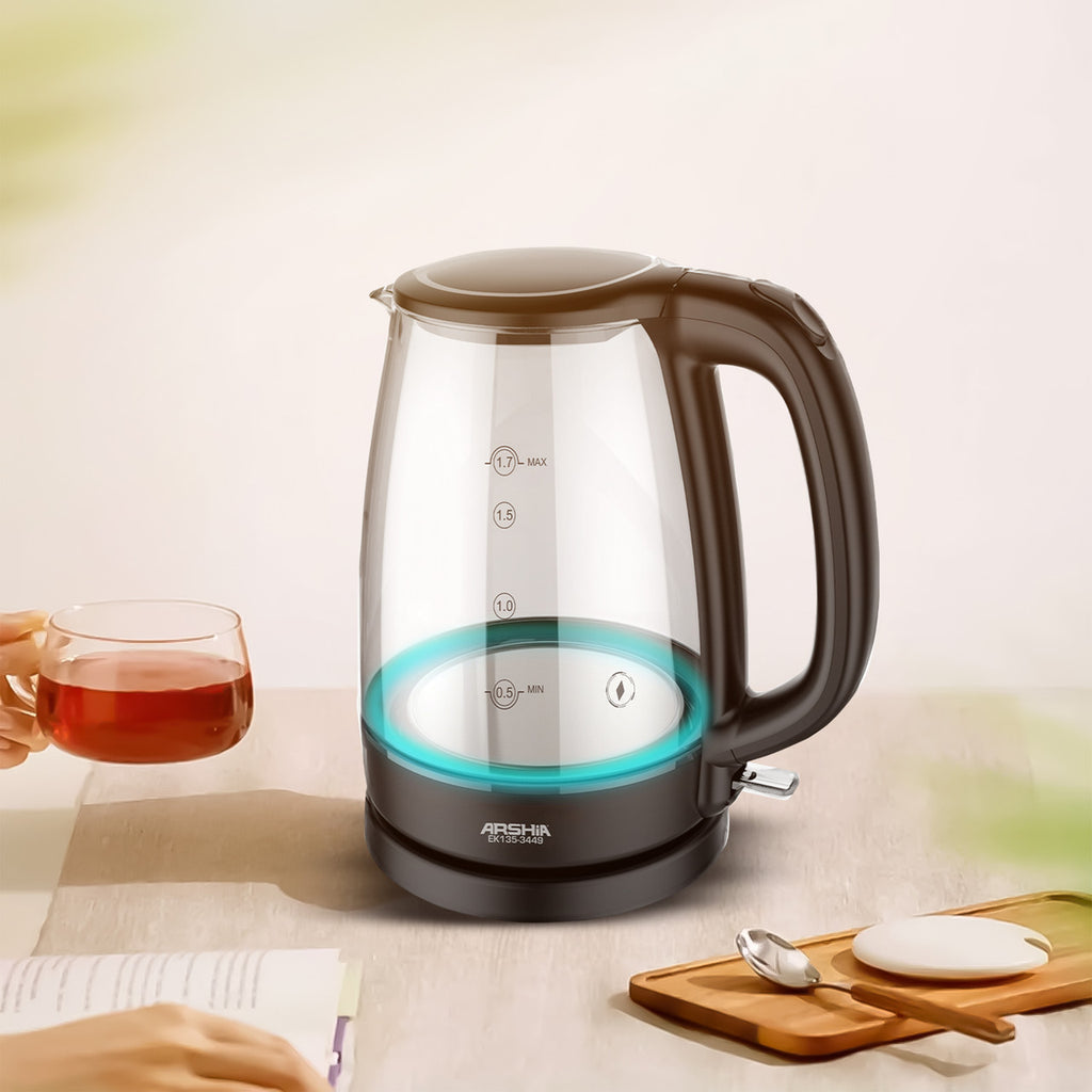 Arshia 1.7L Glass Electric Kettle. Features 2200W power, push-button lid, 360° base, neon indicator, and dry boil protection. Stylish and durable