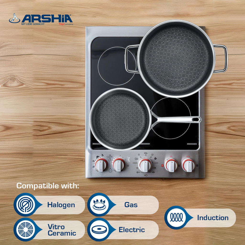 Arshia 9-Piece Stainless Steel Cookware Set – Premium Non-Stick Etched Surface, Oven-Safe, Induction Compatible