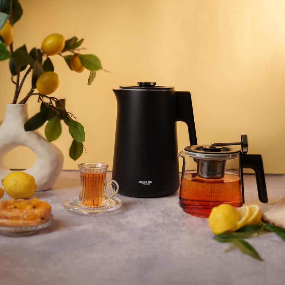 Arshia Tea Maker (Black) – 1500W, 1.7L Kettle + 0.8L Glass Pot, LED Display, Pre-Set Programs