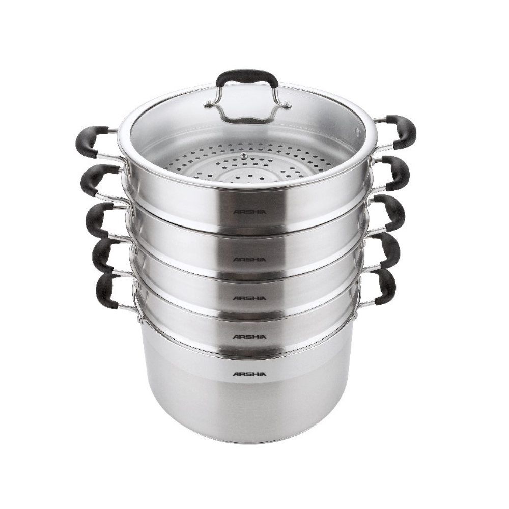 Arshia Stainless Steel Steamer Set 30cm with Glass Lid – 4-Layer, 9.6L Capacity, Multi-Use Stockpot, Induction & Gas Compatible