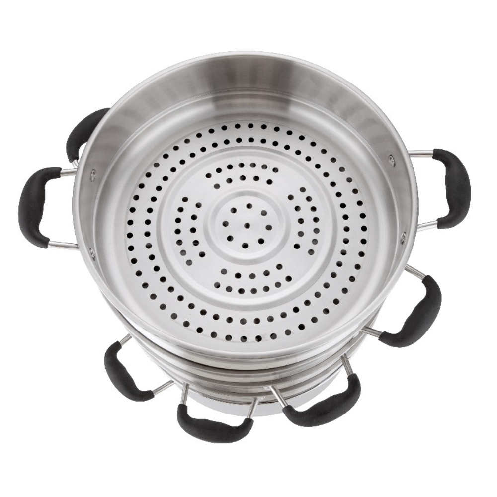 Arshia Stainless Steel Steamer Set 30cm with Glass Lid – 4-Layer, 9.6L Capacity, Multi-Use Stockpot, Induction & Gas Compatible