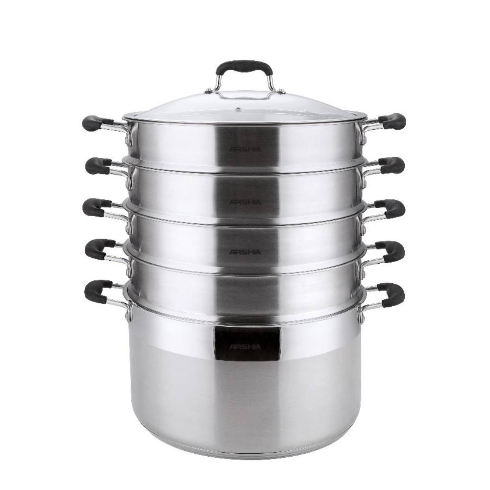 Arshia Stainless Steel Steamer Set 30cm with Glass Lid – 4-Layer, 9.6L Capacity, Multi-Use Stockpot, Induction & Gas Compatible