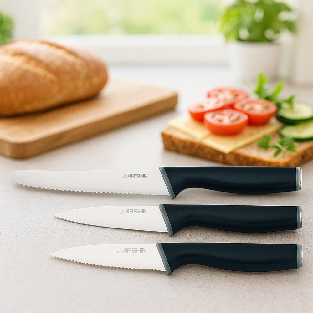 Arshia 3-Piece Stainless Steel Knife Set — 3.5″ Paring, 3.5″ Serrated & 5″ Tomato (1.5 mm Blades)