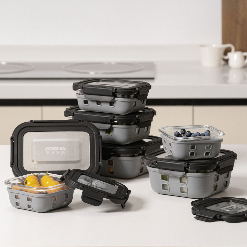 Arshia 12-Piece Premium Glass Food Container Set – Airtight Tempered Glass with Stainless-Steel Lids & Silicone Seal