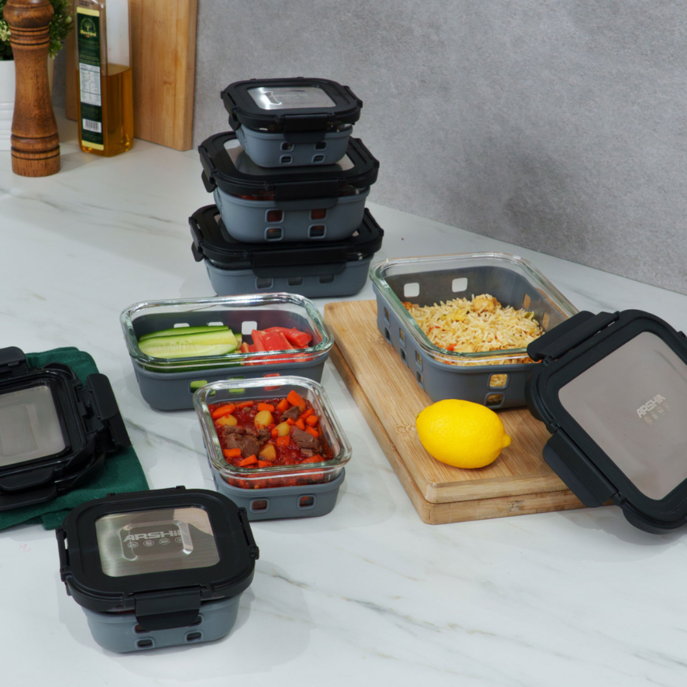 Arshia 12-Piece Premium Glass Food Container Set – Airtight Tempered Glass with Stainless-Steel Lids & Silicone Seal