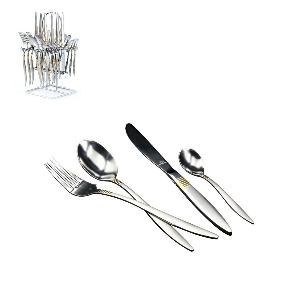 Arshia Silver and Gold 24pc Cutlery Set with Stand