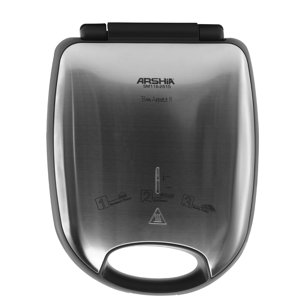 Arshia 4-Slice Sandwich Maker – 3-in-1 with Grill, Waffle & Sandwich Plates, 1200W, Non-Stick