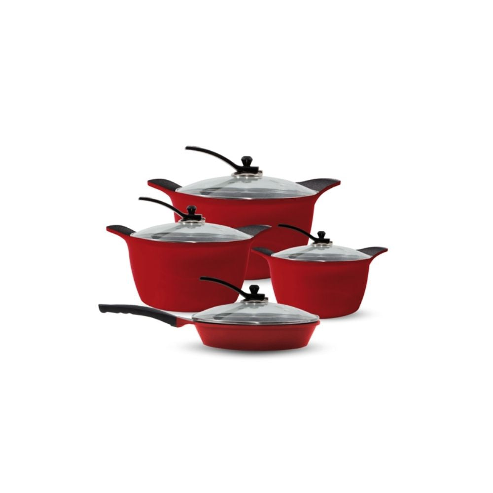 Arshia Granite Cookware with Glass Lid 8pc Set Red Dari Home