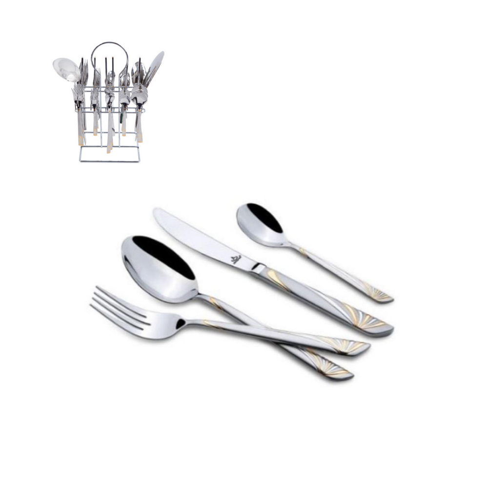 Arshia Silver and Gold Cutlery 38pc Set with Stand |TM064GS