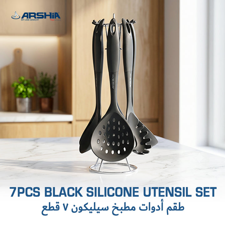 ARSHIA 7-Piece Black Nylon Utensil Set UL135 – Heat Resistant, Nonstick Safe, with Stand