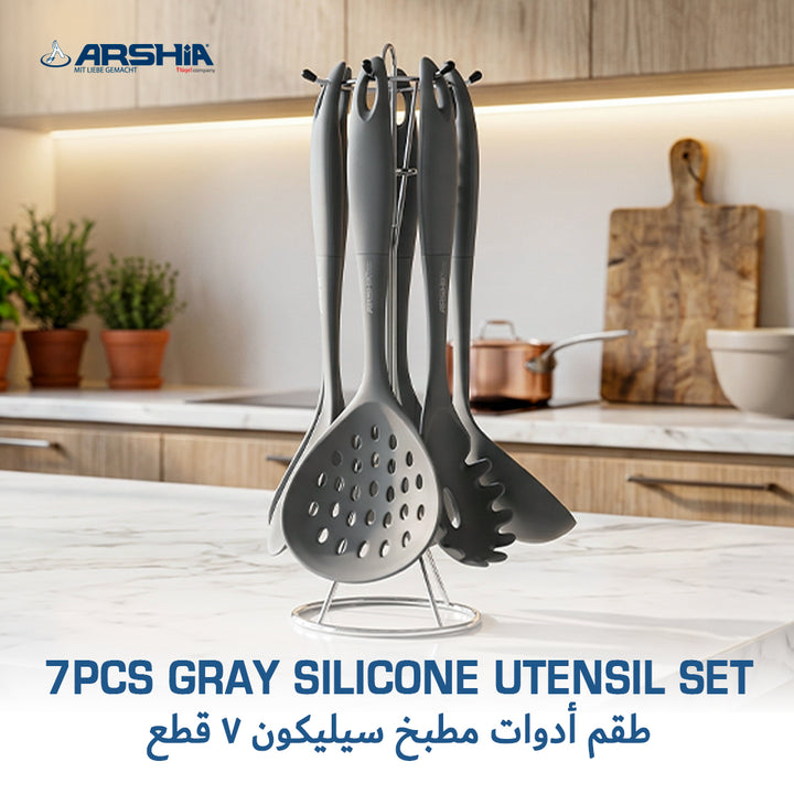 Arshia 7-Piece Gray Silicone Utensil Set with Wire Stand – Heat-Resistant & Non-Stick Safe
