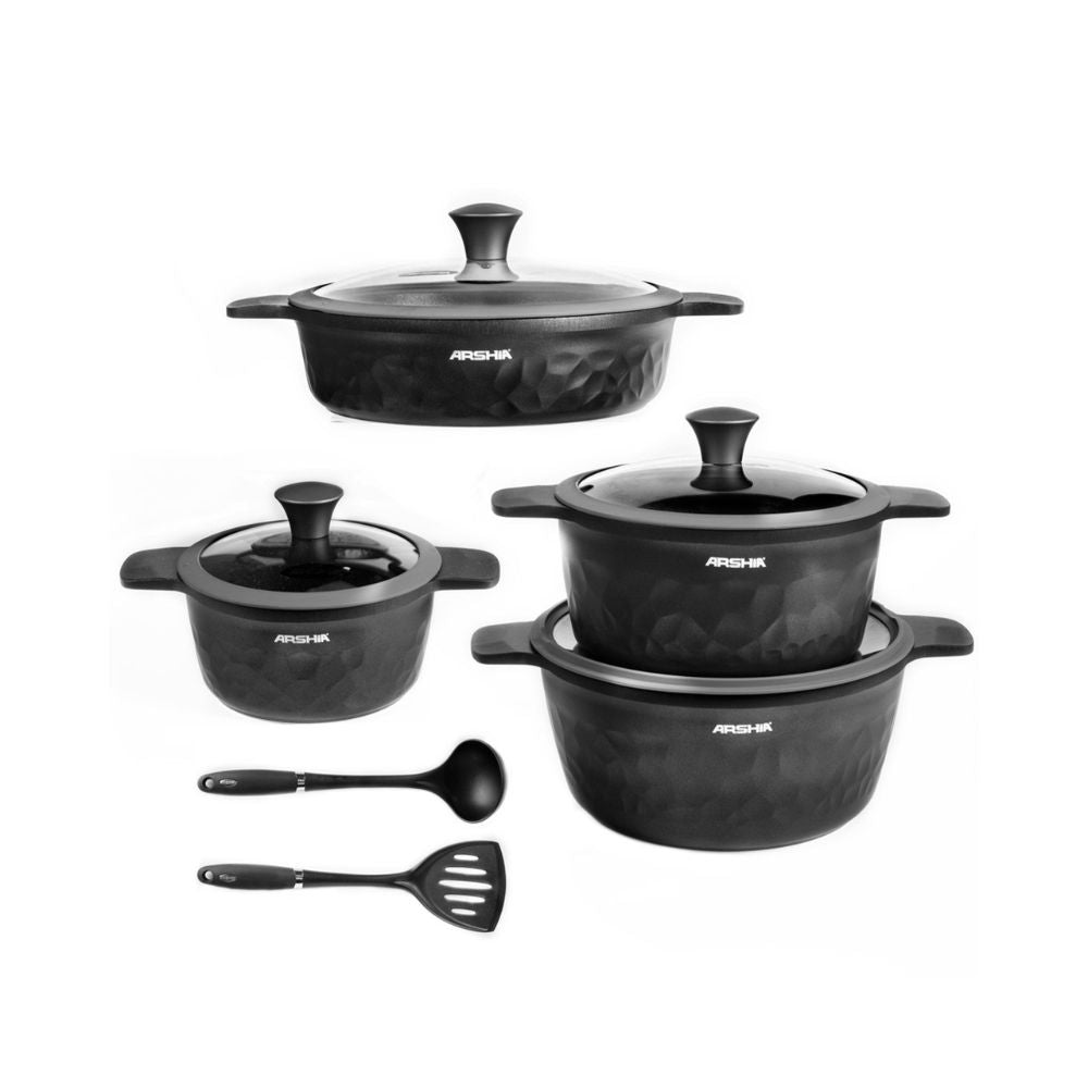 Arshia Premium Die-Casted Aluminium 8pcs Cookware Set Silicon Glass Lid Black