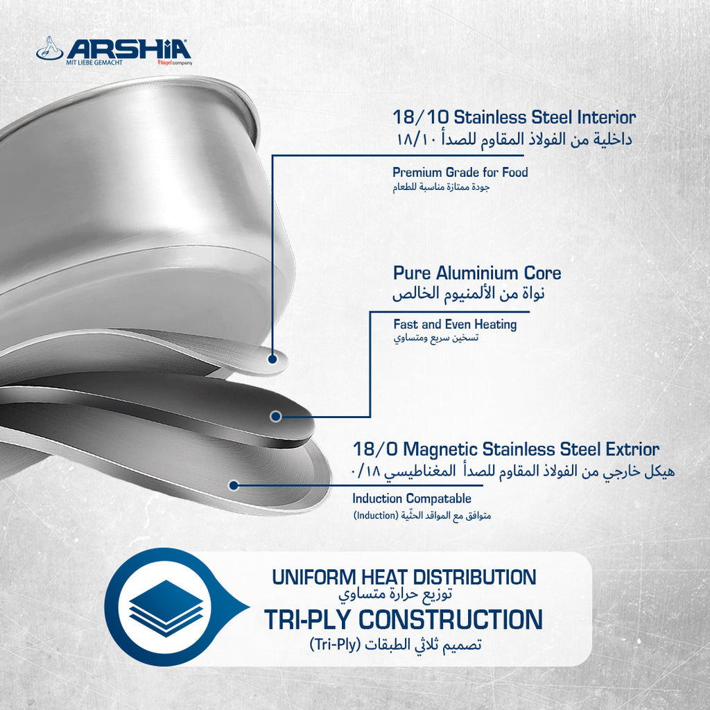 Arshia 8-Piece Stainless Steel Cookware Set – 3-Layer Base, Heat-Resistant Handles, Induction Compatible