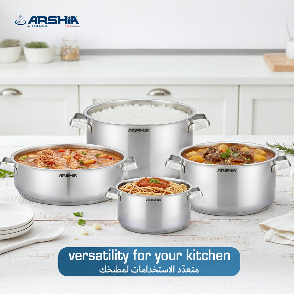 Arshia 8-Piece Stainless Steel Cookware Set – 3-Layer Base, Heat-Resistant Handles, Induction Compatible