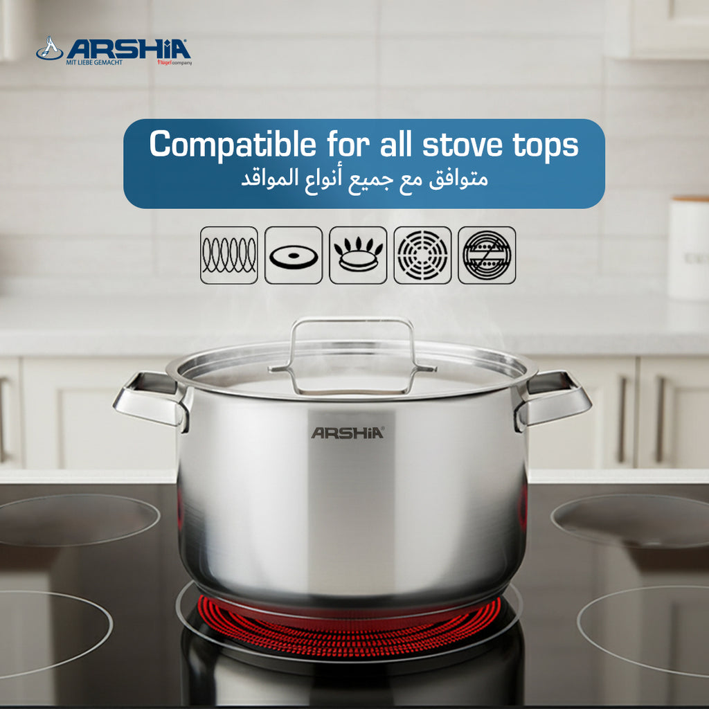 Arshia 8-Piece Stainless Steel Cookware Set – 3-Layer Base, Heat-Resistant Handles, Induction Compatible