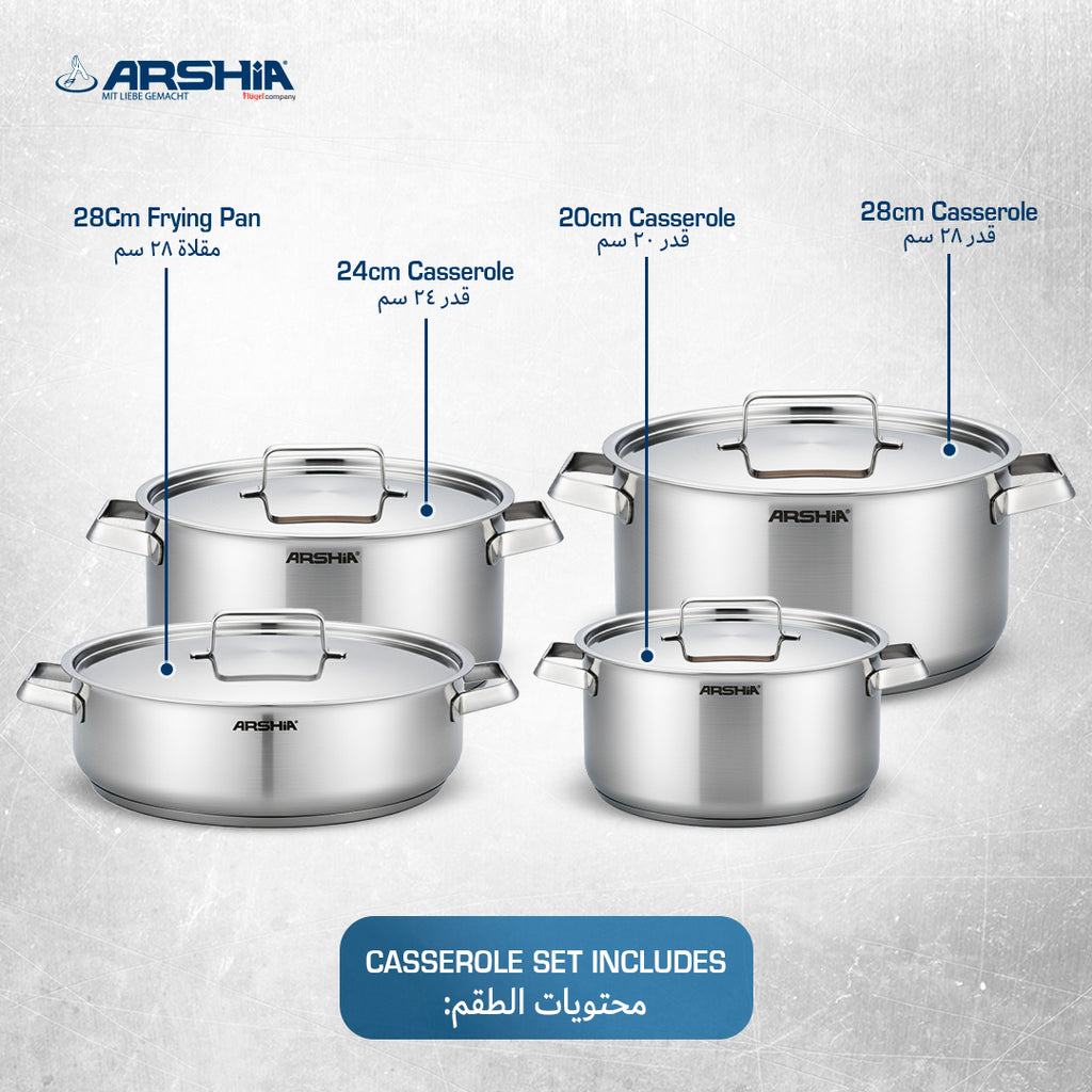Arshia 8-Piece Stainless Steel Cookware Set – 3-Layer Base, Heat-Resistant Handles, Induction Compatible