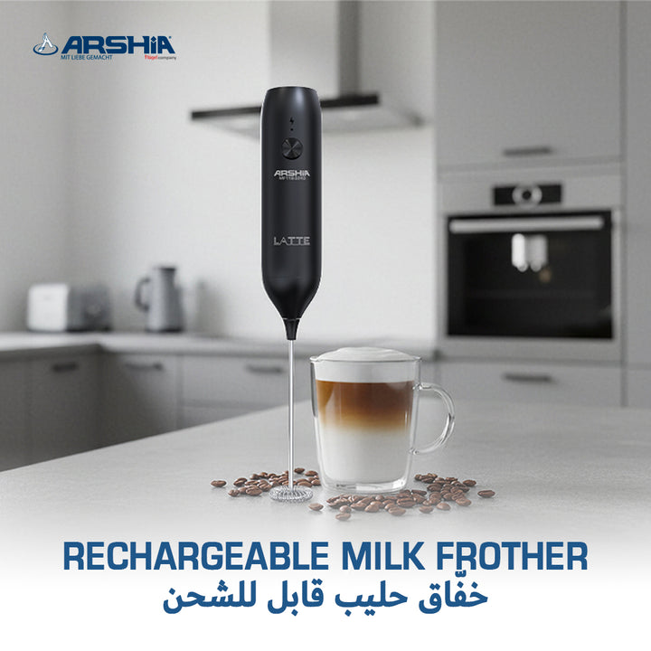 Arshia Rechargeable Milk Frother – Stainless Steel Wand, USB-C Rechargeable, Powerful Motor for Lattes, Cappuccinos & Hot Chocolate