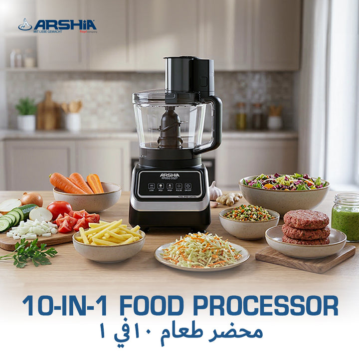 Arshia 10-in-1 Food Processor 1000W – 2.5L Large Capacity, Multi-Function Kitchen Machine, Powerful Motor & Versatile Attachments