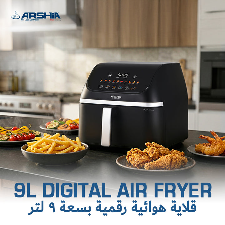 Arshia 9L Digital Air Fryer – Extra Large Capacity, 3D Airflow, WideMax Base, 1900W Power