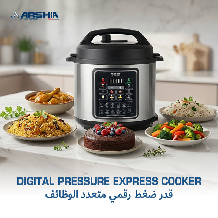 Arshia Digital Pressure Express Cooker 6L – Multi-Function Smart Cooking with Safety Lock & Non-Stick Bowl
