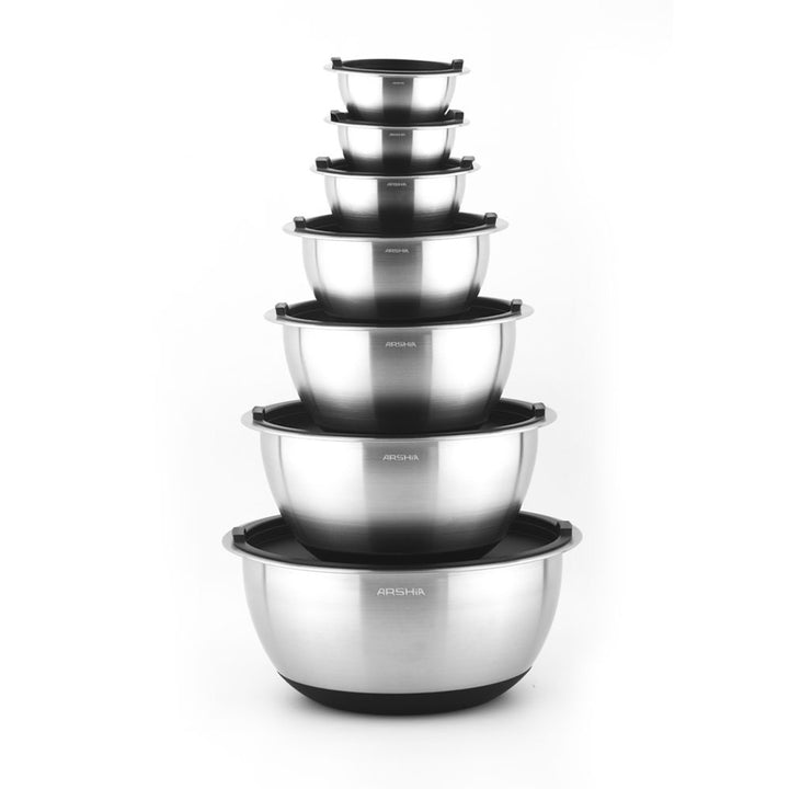 Arshia 14-Piece Stainless Steel Mixing Bowl Set with Airtight Lids – Non-Slip Silicone Base, Mirror Interior, Matte Exterior, Multi-Size Nesting Bowls