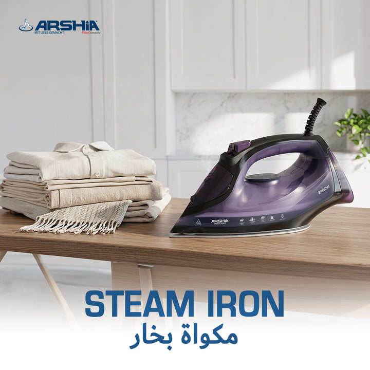 Arshia Steam Iron (Purple) – 2400W Power, 320ml Water Tank, Anti-Drip & Anti-Calc, Quick Heat-Up