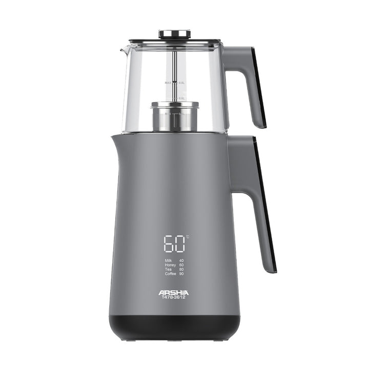 Arshia Tea Maker – 1.7L Kettle + 0.8L Glass Pot, 1500W, LED Display, Temperature Control, Gray